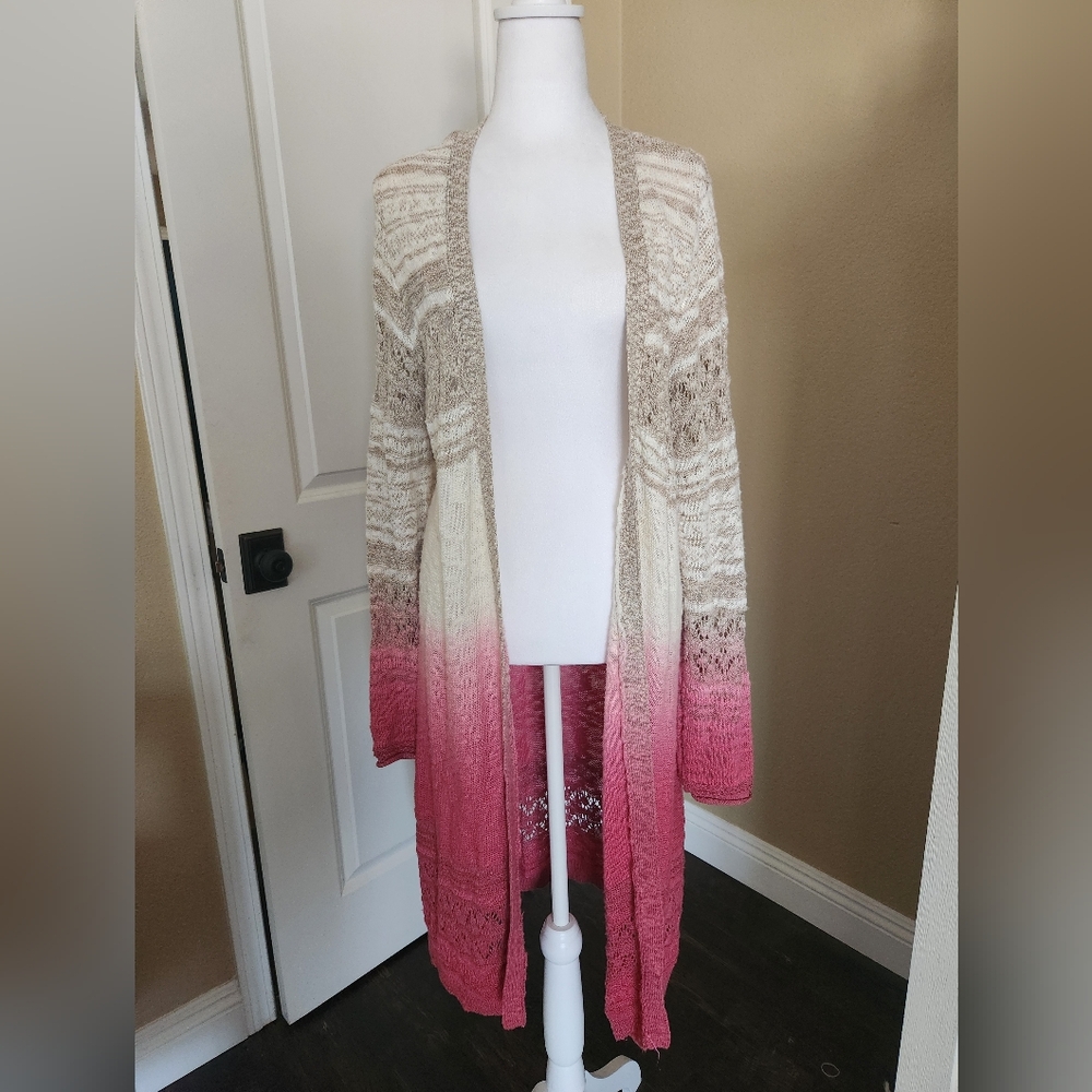 Women's Long Knit Cardigan Fade in Ombre Pink,  Size XL